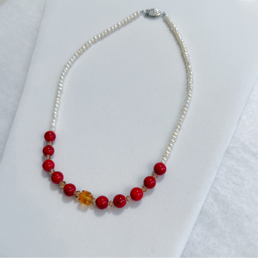 Freshwater Pearl & Red Jasper Beaded Necklace | Amber Glass Accent | 17”